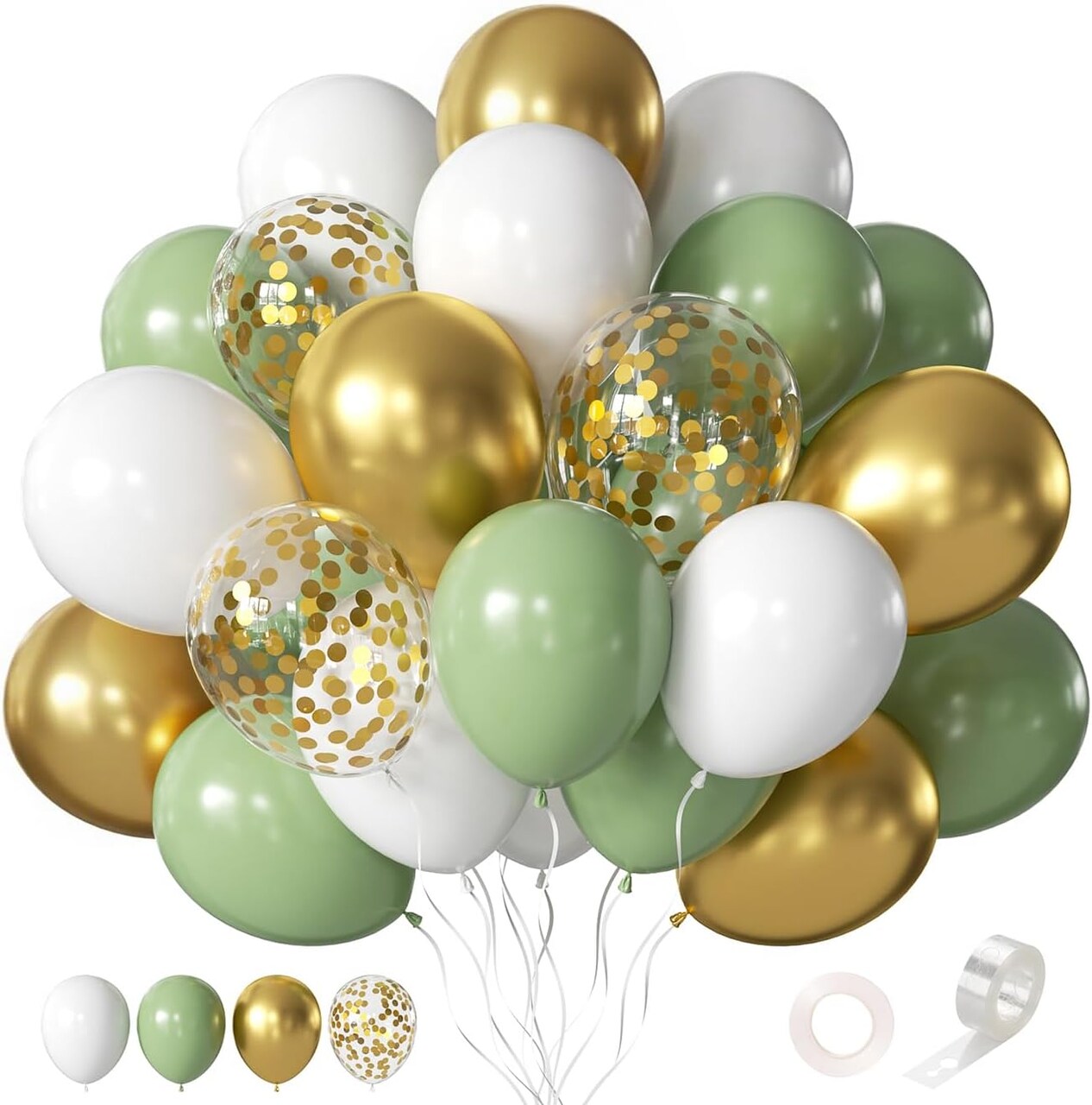 60pcs 12inch Sage Green White Metallic Gold Confetti Balloons (White Gold Green) 12.6 x 7.9 x 0.45 inches